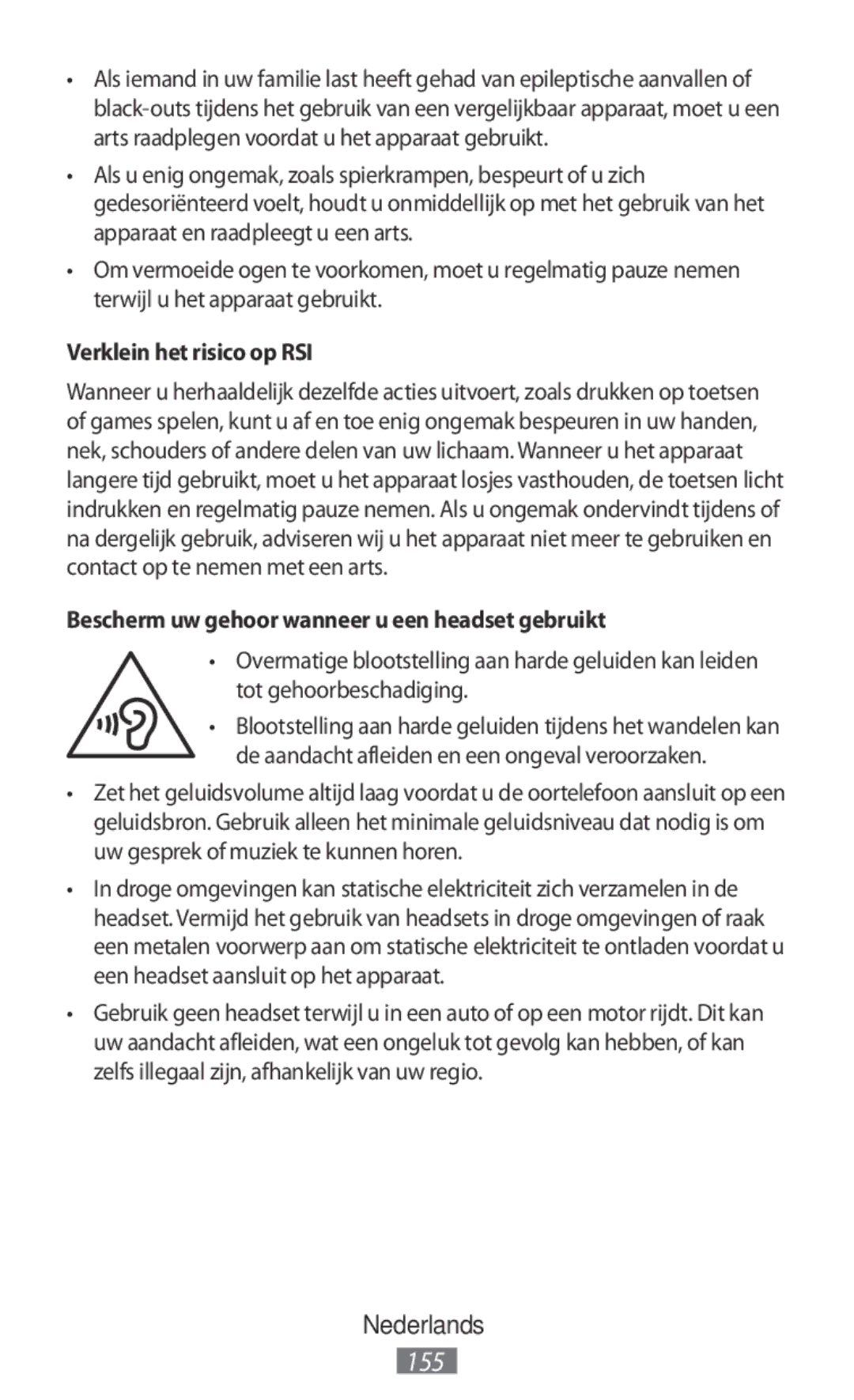 Samsung ET-YO324BBEGRU manual Verklein het risico op RSI, Bescherm uw gehoor wanneer u een headset gebruikt 