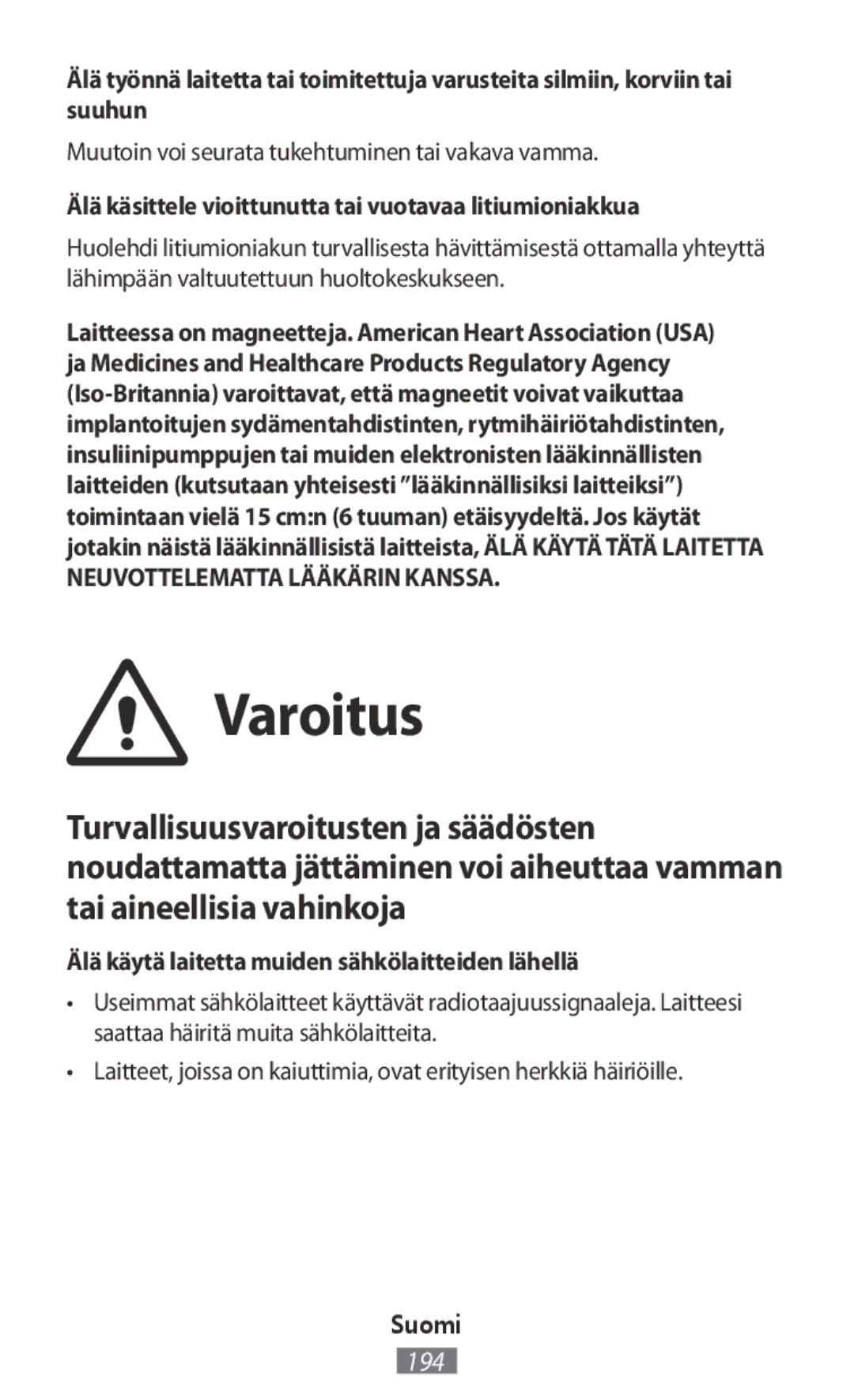 Samsung ET-YO324BBEGRU manual Varoitus, Muutoin voi seurata tukehtuminen tai vakava vamma 