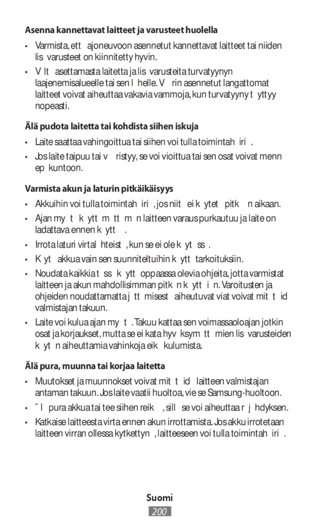 Samsung ET-YO324BBEGRU Asenna kannettavat laitteet ja varusteet huolella, Älä pudota laitetta tai kohdista siihen iskuja 