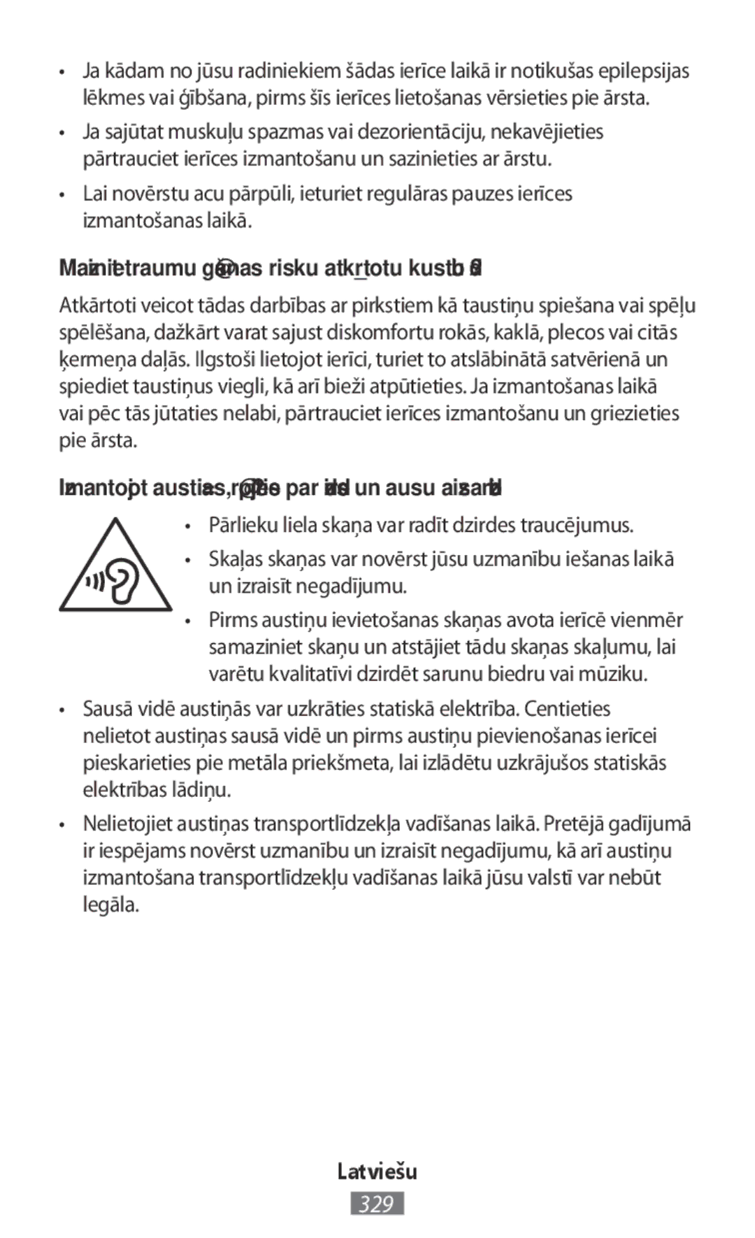 Samsung ET-YO324BBEGRU manual Maziniet traumu gūšanas risku atkārtotu kustību dēļ, Un izraisīt negadījumu 