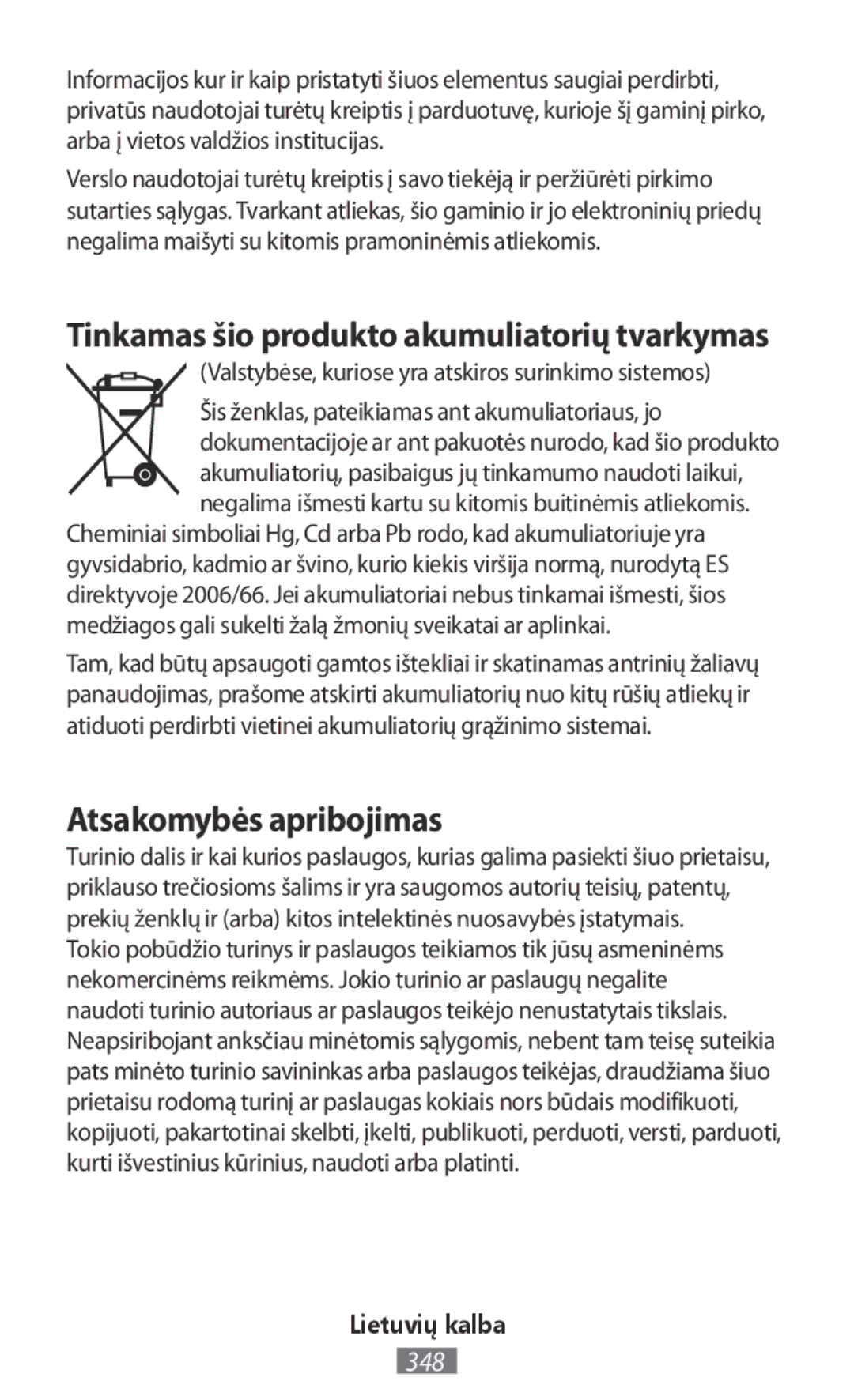 Samsung ET-YO324BBEGRU manual Atsakomybės apribojimas, Tinkamas šio produkto akumuliatorių tvarkymas 