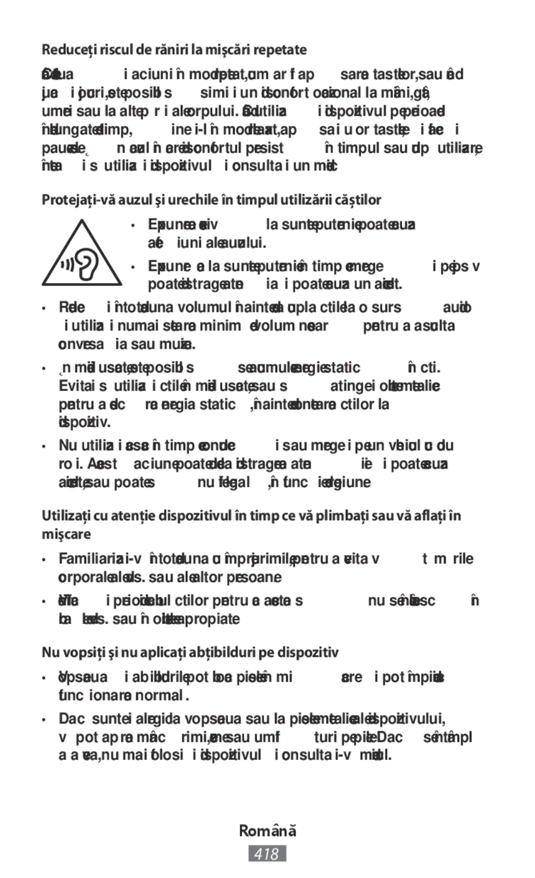 Samsung ET-YO324BBEGRU Reduceţi riscul de răniri la mişcări repetate, Nu vopsiţi şi nu aplicaţi abţibilduri pe dispozitiv 