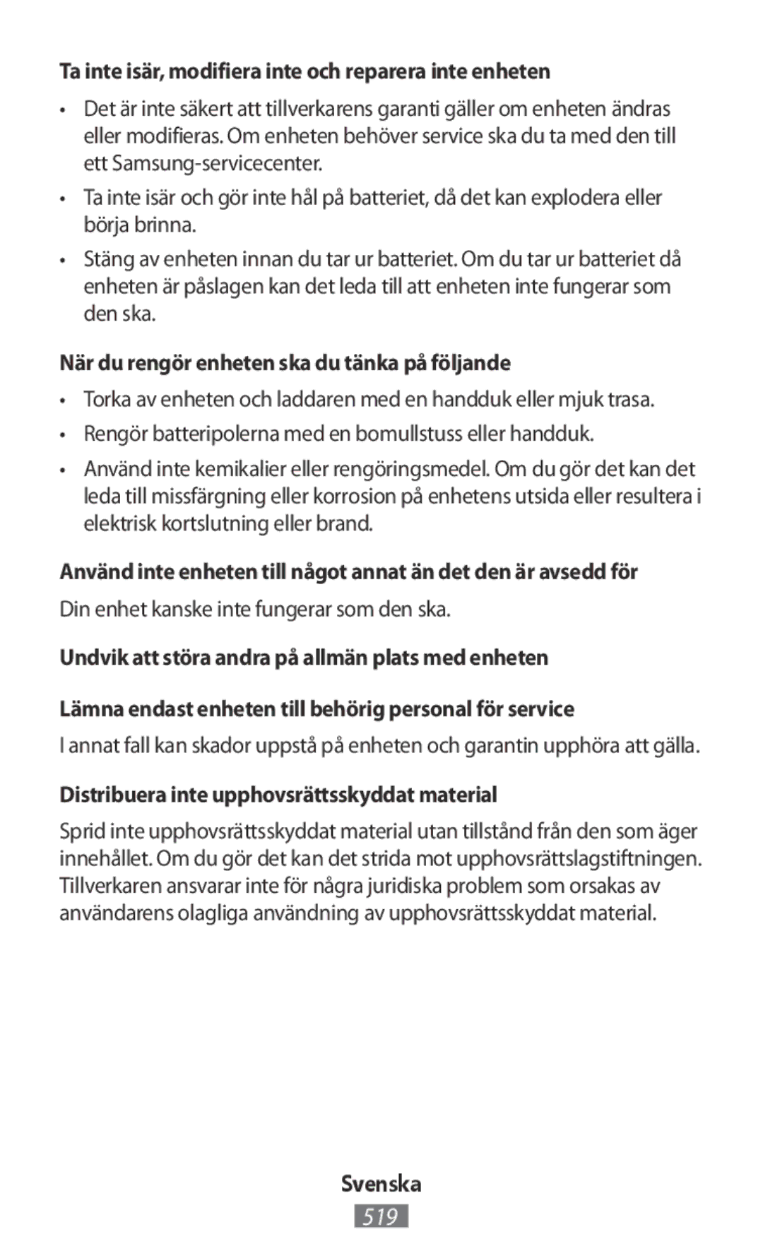 Samsung ET-YO324BBEGRU Ta inte isär, modifiera inte och reparera inte enheten, Din enhet kanske inte fungerar som den ska 