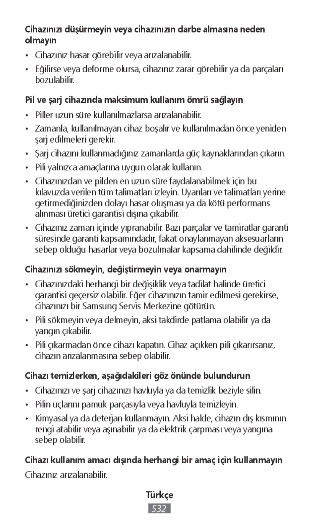 Samsung ET-YO324BBEGRU manual Pil ve şarj cihazında maksimum kullanım ömrü sağlayın 