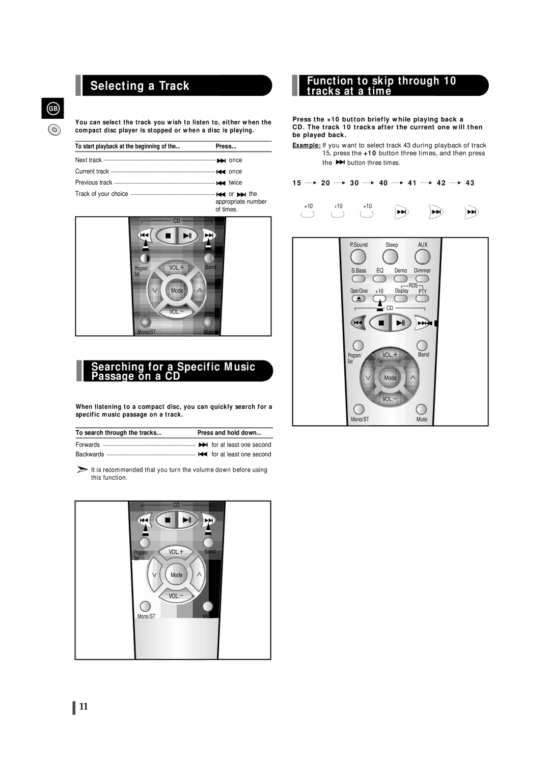 Samsung EV-1S instruction manual Selecting a Track, Searching for a Specific Music Passage on a CD 