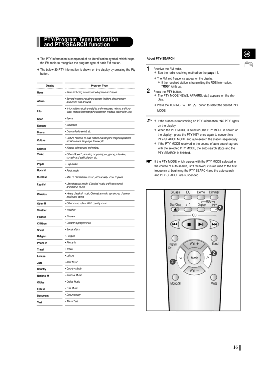 Samsung EV-1S instruction manual PTYProgram Type indication and PTY-SEARCH function, About PTY-SEARCH 