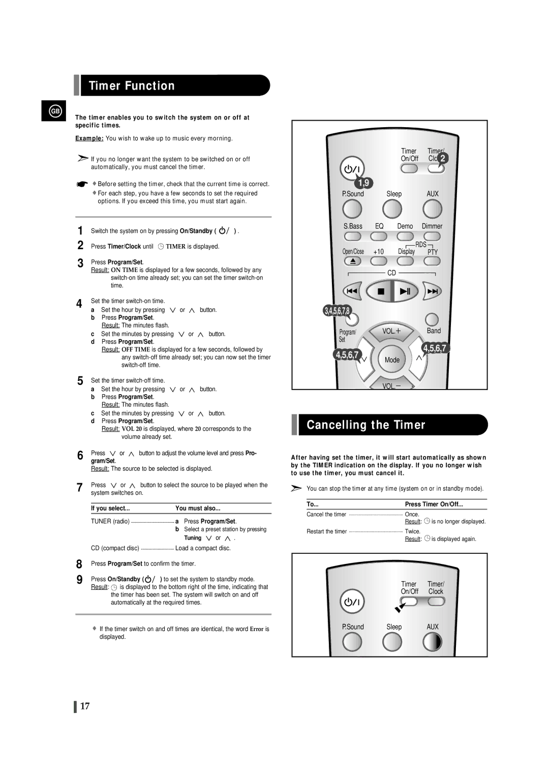 Samsung EV-1S instruction manual Timer Function, Cancelling the Timer 