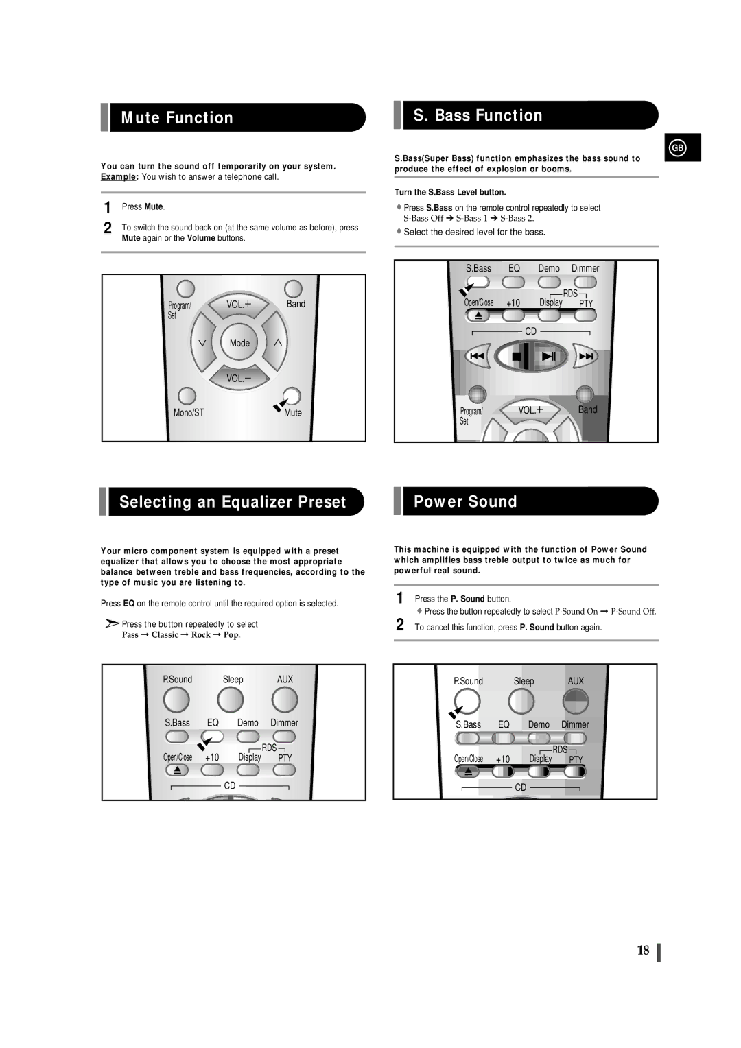 Samsung EV-1S instruction manual Mute Function, Bass Function, Selecting an Equalizer Preset Power Sound 