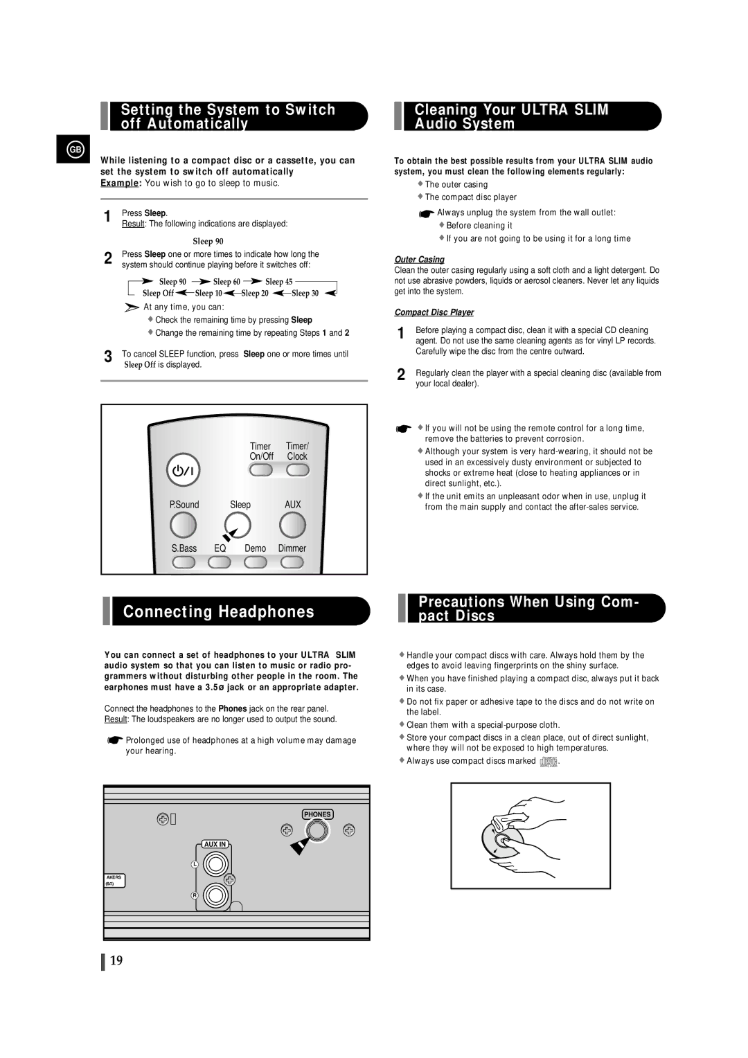 Samsung EV-1 Connecting Headphones, Setting the System to Switch off Automatically, Cleaning Your Ultra Slim Audio System 