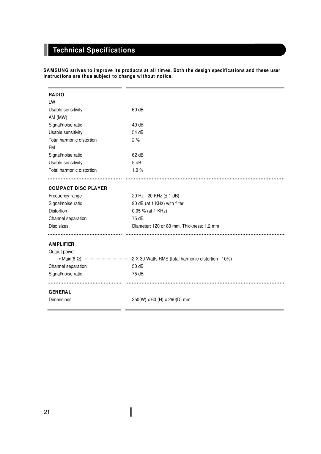 Samsung EV-1S instruction manual Technical Specifications, Compact Disc Player 