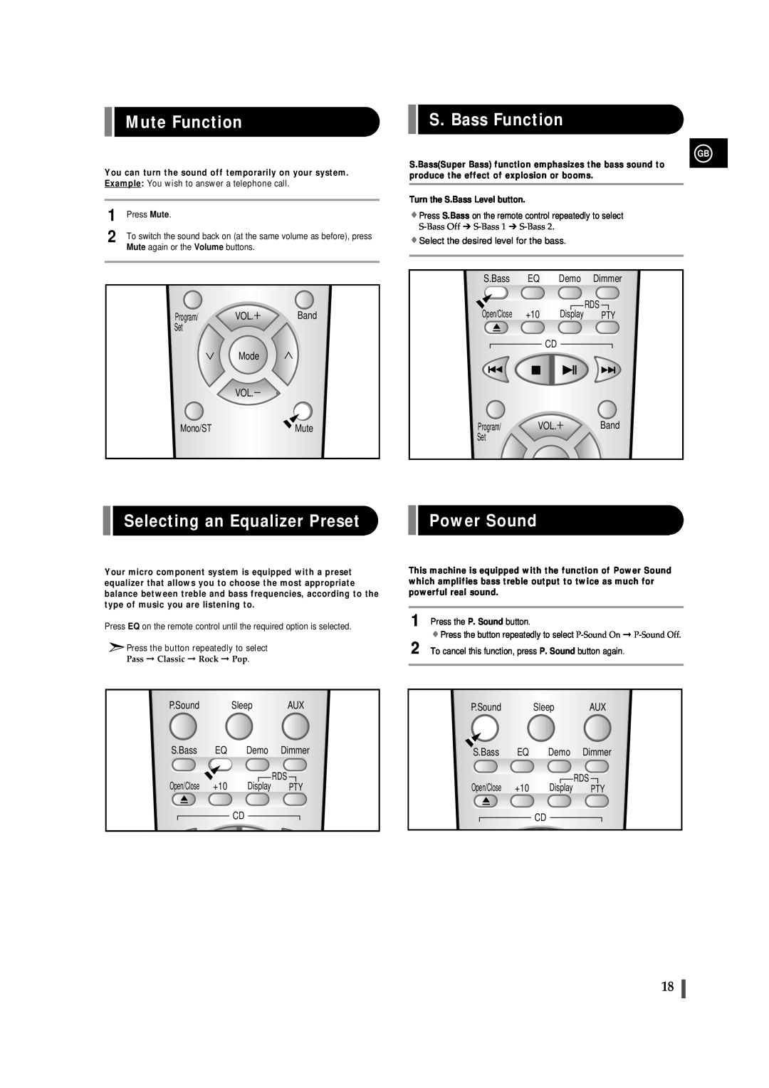 Samsung EV-1S instruction manual Mute Function, S. Bass Function, Selecting an Equalizer Preset, Power Sound 