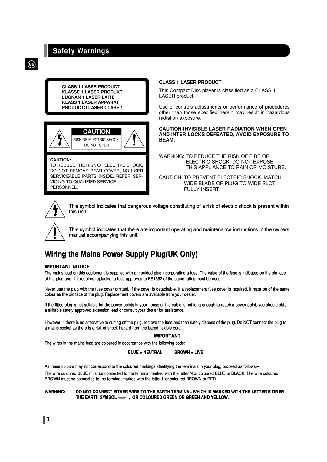 Samsung EV-1S instruction manual Safety Warnings, Wiring the Mains Power Supply PlugUK Only 