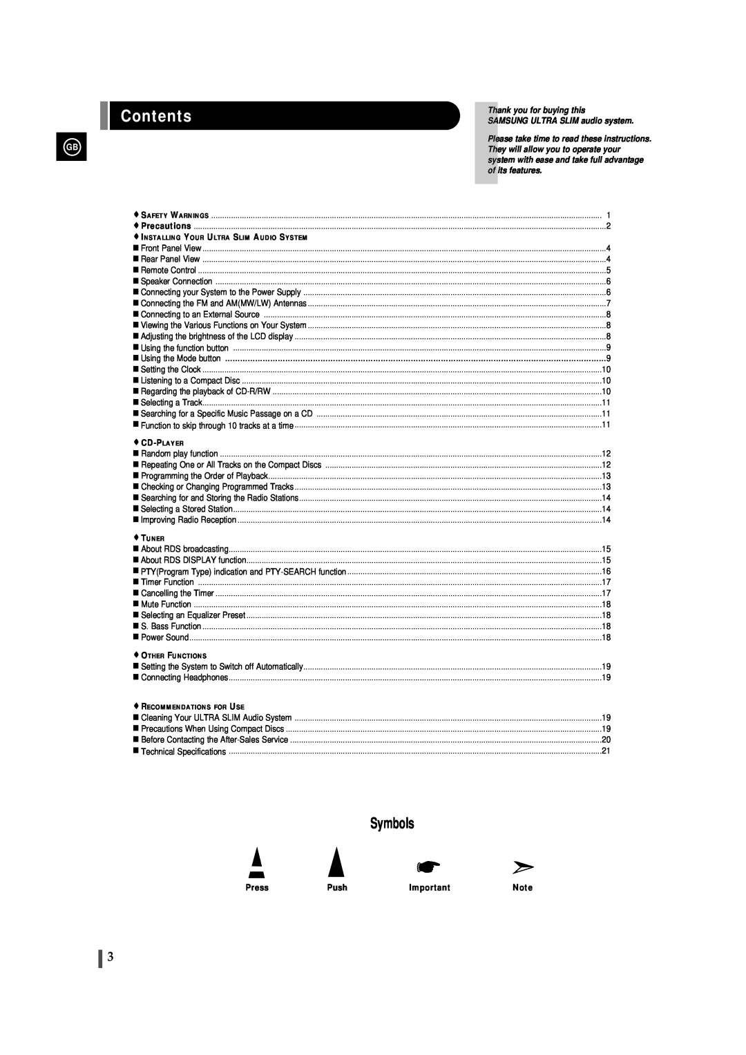Samsung EV-1S instruction manual Contents, Symbols, Thank you for buying this, SAMSUNG ULTRA SLIM audio system 