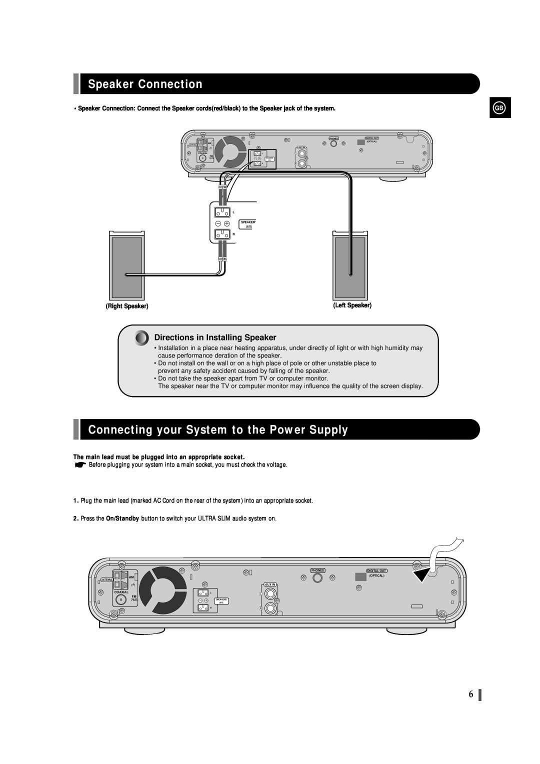 Samsung EV-1S Speaker Connection, Connecting your System to the Power Supply, Directions in Installing Speaker 