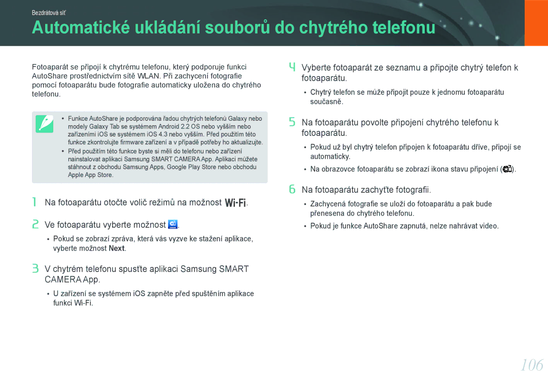 Samsung EV-NX1100BABHU manual Automatické ukládání souborů do chytrého telefonu, 106, Na fotoaparátu zachyťte fotograﬁi 