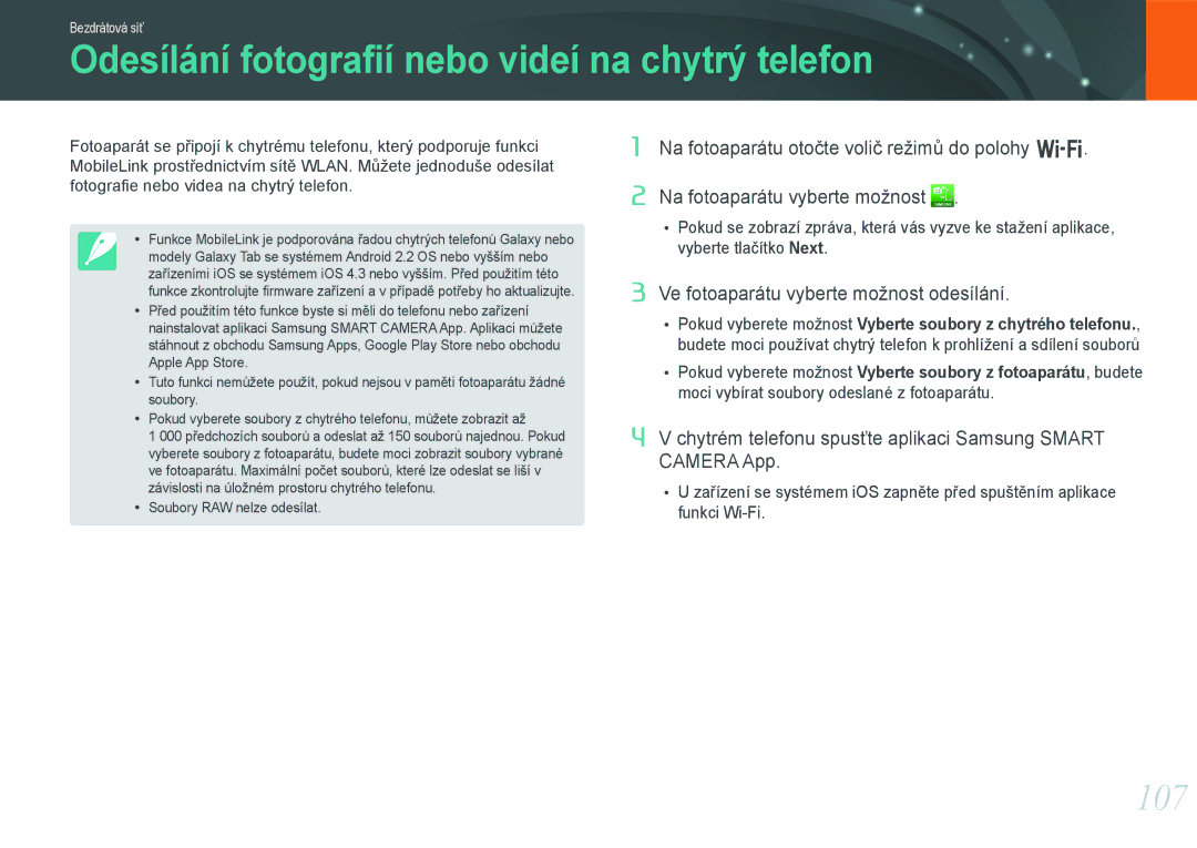 Samsung EV-NX1000BABCZ Odesílání fotograﬁí nebo videí na chytrý telefon, 107, Ve fotoaparátu vyberte možnost odesílání 