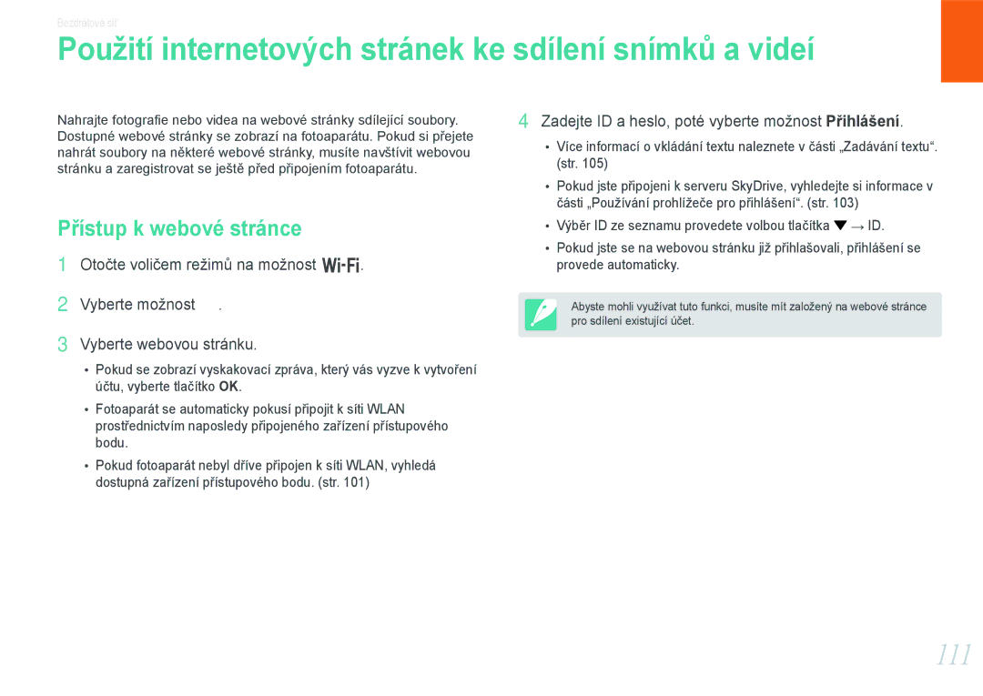 Samsung EV-NX1000BABCZ manual Použití internetových stránek ke sdílení snímků a videí, 111, Přístup k webové stránce 