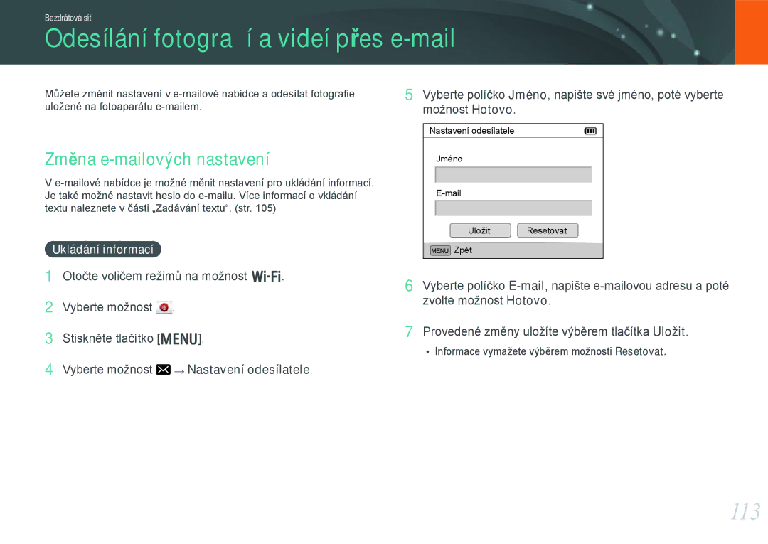 Samsung EV-NX1000BFWCZ manual Odesílání fotograﬁí a videí přes e-mail, 113, Změna e-mailových nastavení, Ukládání informací 