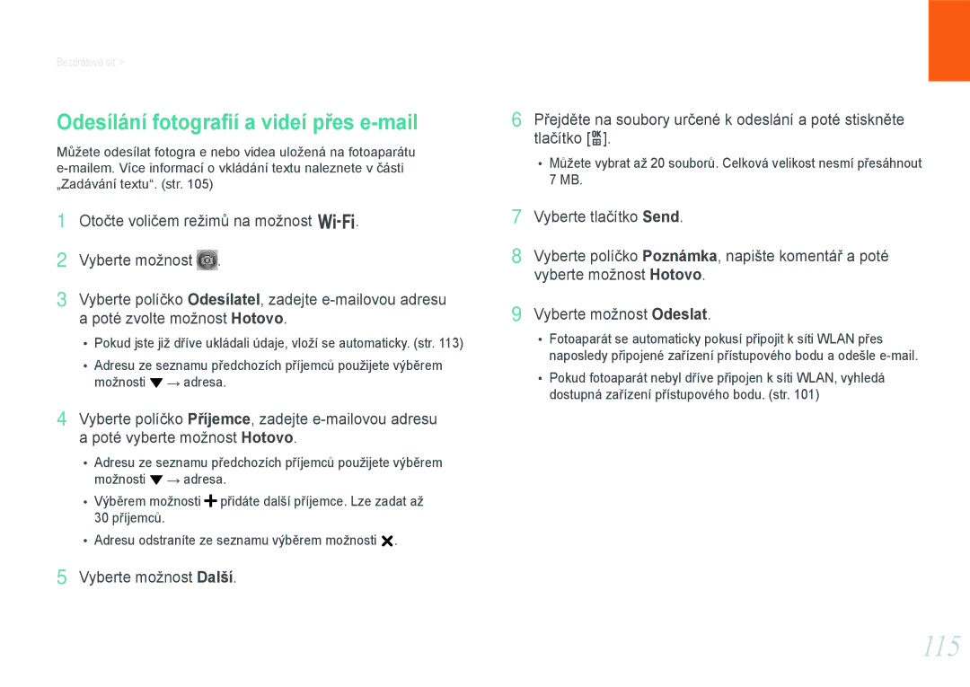 Samsung EV-NX1000BABCZ, EV-NX1000BJPCZ, EV-NX1000BFWCZ, EV-NX1100BABHU manual 115, Odesílání fotograﬁí a videí přes e-mail 