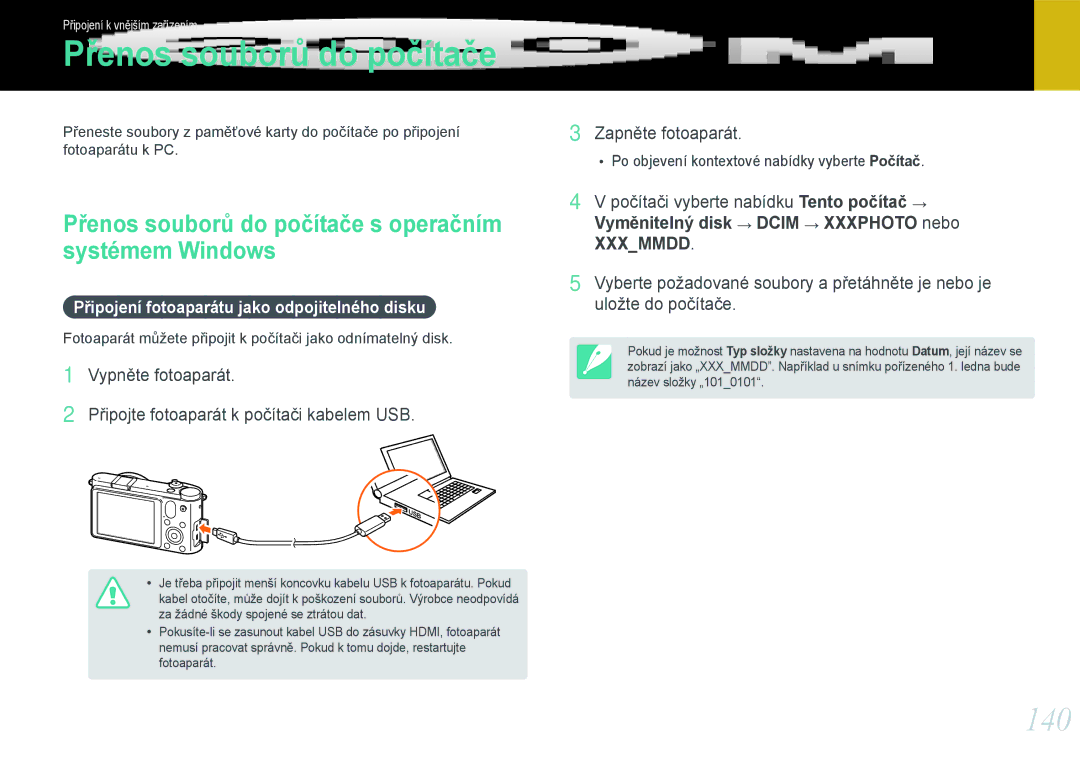 Samsung EV-NX1000BJPCZ, EV-NX1000BABCZ, EV-NX1000BFWCZ 140, Přenos souborů do počítače s operačním systémem Windows 