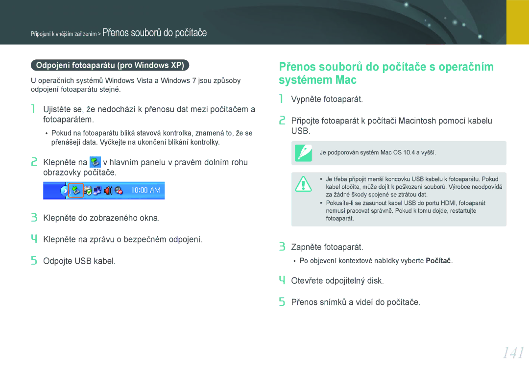 Samsung EV-NX1000BFWCZ manual 141, Přenos souborů do počítače s operačním systémem Mac, Odpojení fotoaparátu pro Windows XP 