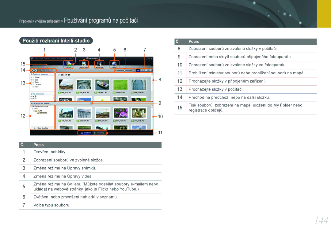 Samsung EV-NX1000BJPCZ, EV-NX1000BABCZ, EV-NX1000BFWCZ, EV-NX1100BABHU manual 144, Použití rozhraní Intelli-studio 