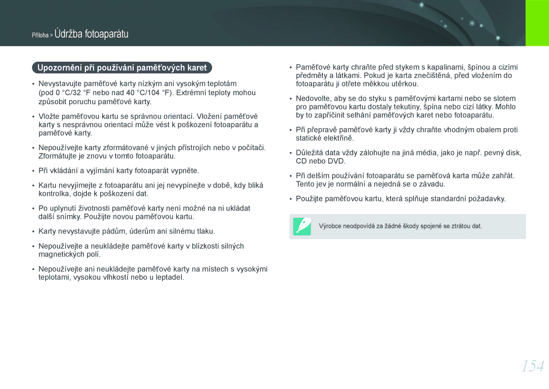 Samsung EV-NX1100BABHU, EV-NX1000BABCZ, EV-NX1000BJPCZ, EV-NX1000BFWCZ manual 154, Upozornění při používání paměťových karet 