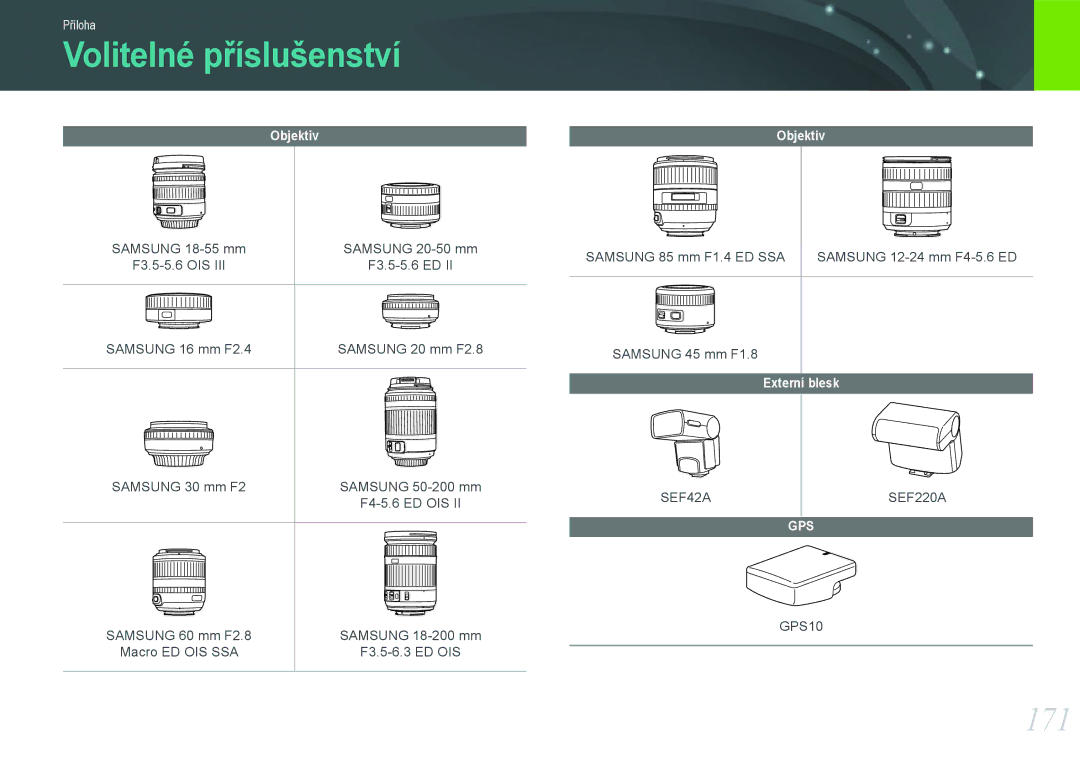 Samsung EV-NX1000BABCZ, EV-NX1000BJPCZ, EV-NX1000BFWCZ, EV-NX1100BABHU manual Volitelné příslušenství, 171 