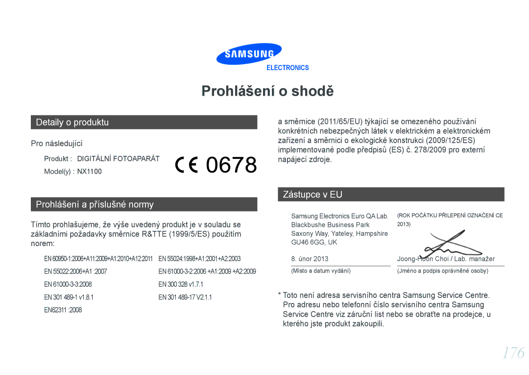 Samsung EV-NX1000BJPCZ, EV-NX1000BABCZ, EV-NX1000BFWCZ, EV-NX1100BABHU manual 176, Prohlášení o shodě 