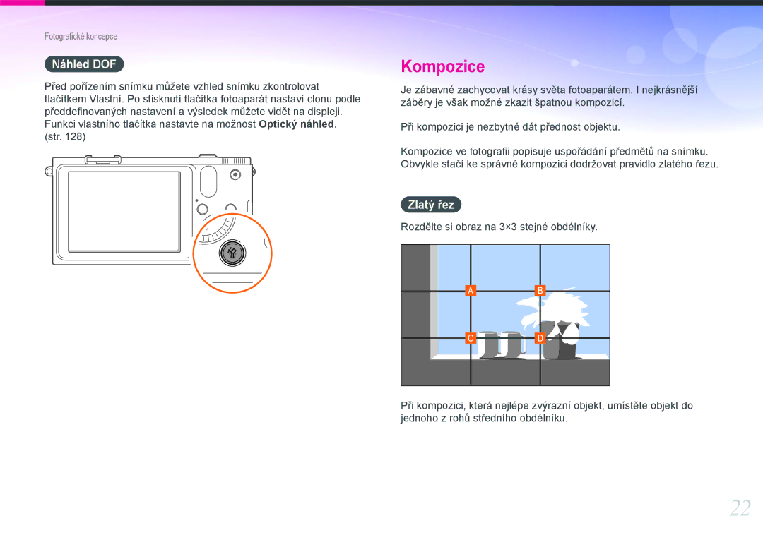 Samsung EV-NX1100BABHU, EV-NX1000BABCZ, EV-NX1000BJPCZ, EV-NX1000BFWCZ manual Náhled DOF, Zlatý řez 