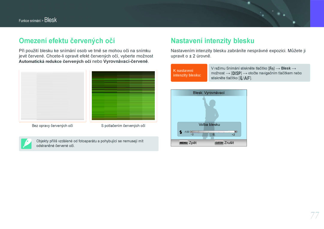 Samsung EV-NX1000BFWCZ, EV-NX1000BABCZ, EV-NX1000BJPCZ manual Omezení efektu červených očí, Nastavení intenzity blesku 