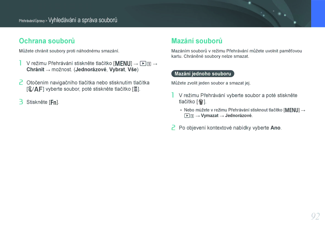 Samsung EV-NX1000BJPCZ, EV-NX1000BABCZ, EV-NX1000BFWCZ manual Ochrana souborů, Mazání souborů, Mazání jednoho souboru 