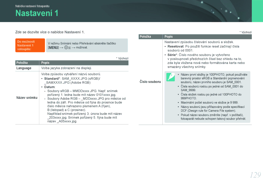 Samsung EV-NX1000BJPCZ, EV-NX1000BABCZ, EV-NX1000BFWCZ manual Nastavení, 129, Language, Číslo souboru 