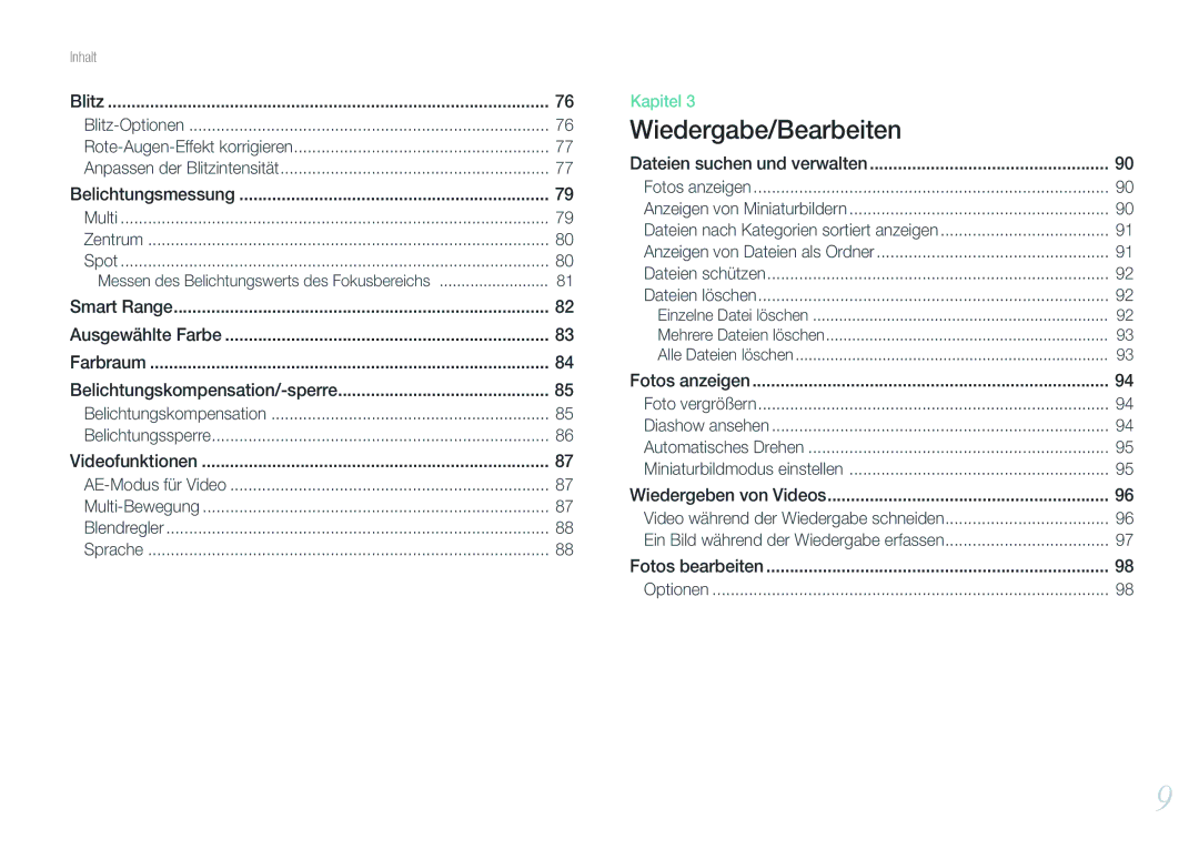 Samsung EV-NX1000BSBFR, EV-NX1000BABDE, EV-NX1000BFWDE manual Belichtungskompensation/-sperre, Dateien suchen und verwalten 