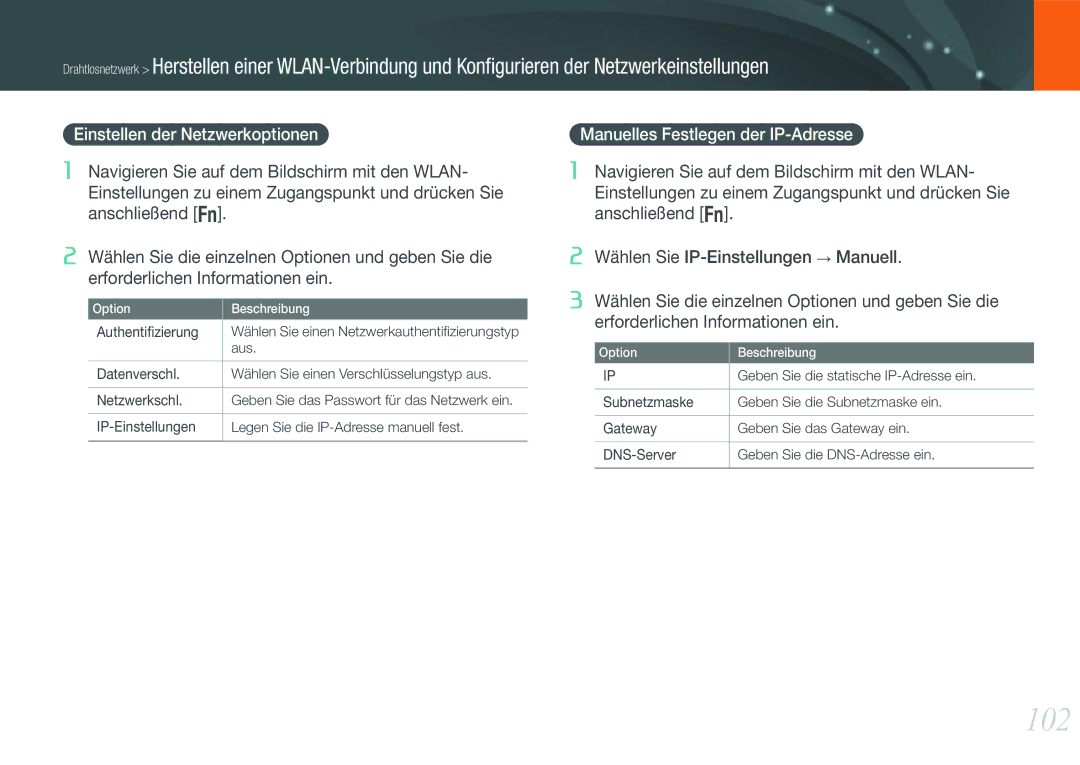 Samsung EV-NX1000BABGR, EV-NX1000BABDE manual 102, Einstellen der Netzwerkoptionen, Manuelles Festlegen der IP-Adresse 