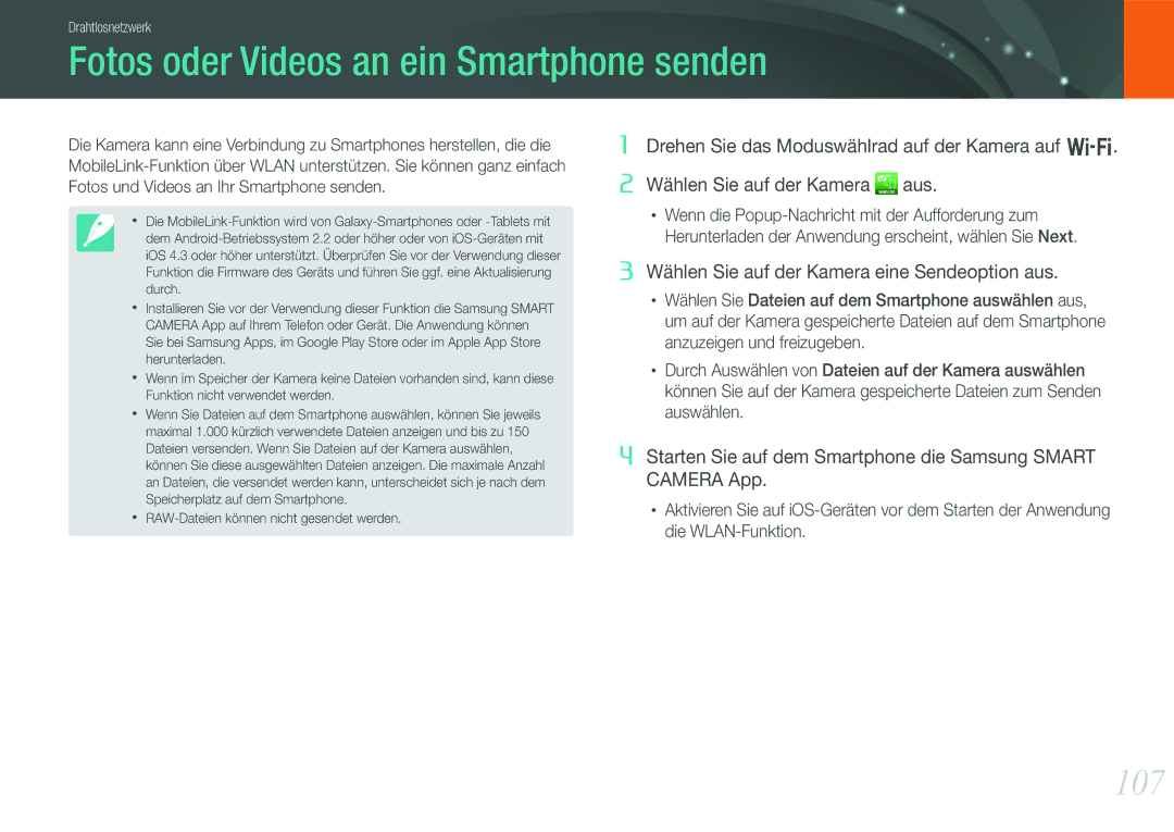 Samsung EV-NX1000BABDE, EV-NX1000BFWDE, EV-NX1000BABNL, EV-NX1000BDBDE manual Fotos oder Videos an ein Smartphone senden, 107 