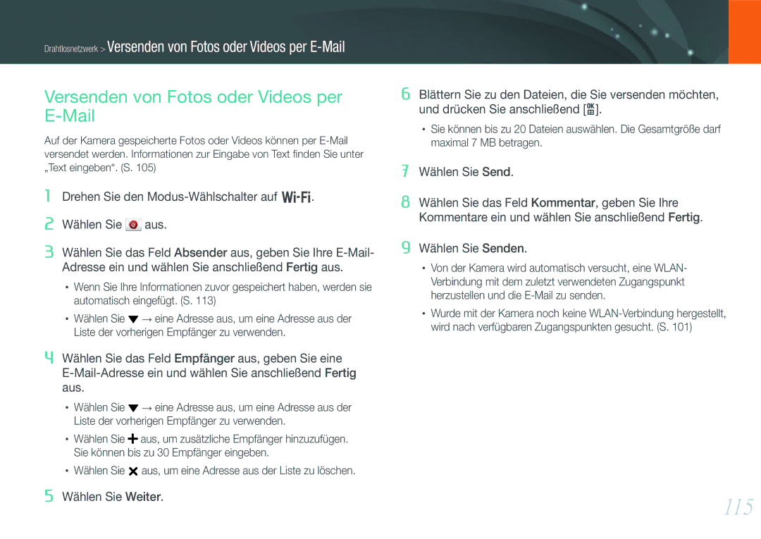 Samsung EV-NX1000BFWGR, EV-NX1000BABDE, EV-NX1000BFWDE, EV-NX1000BABNL manual 115, Versenden von Fotos oder Videos per E-Mail 