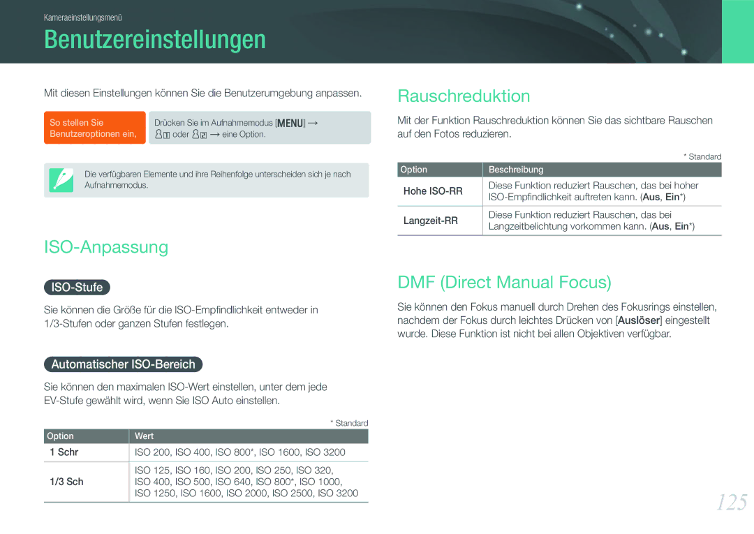 Samsung EV-NX1000BHWDE, EV-NX1000BABDE Benutzereinstellungen, 125, ISO-Anpassung, Rauschreduktion, DMF Direct Manual Focus 