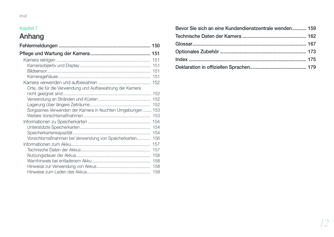 Samsung EV-NX1000BFWDE, EV-NX1000BABDE Fehlermeldungen, Pﬂege und Wartung der Kamera, 151, 152, 153, 154, 156, 157, 158 