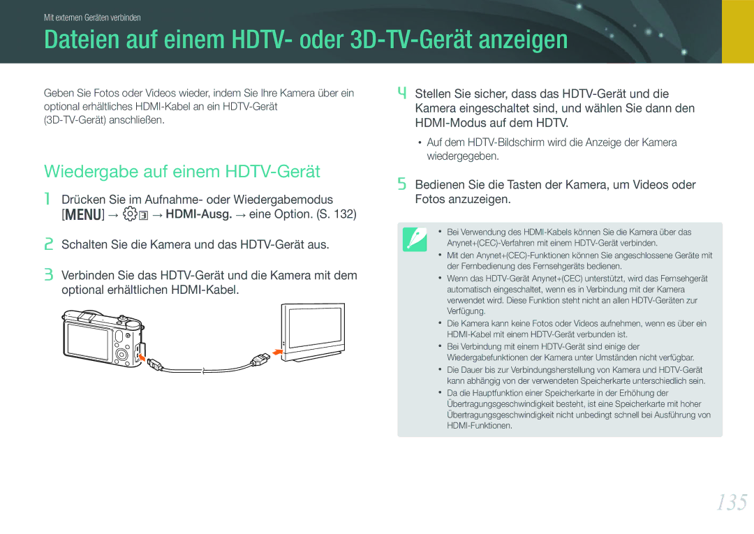 Samsung EV-NX1000BABTR manual Dateien auf einem HDTV- oder 3D-TV-Gerät anzeigen, 135, Wiedergabe auf einem HDTV-Gerät 