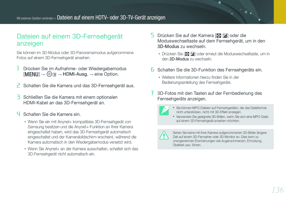 Samsung EV-NX1000BABPL, EV-NX1000BABDE, EV-NX1000BFWDE, EV-NX1000BABNL manual 136, Dateien auf einem 3D-Fernsehgerät anzeigen 