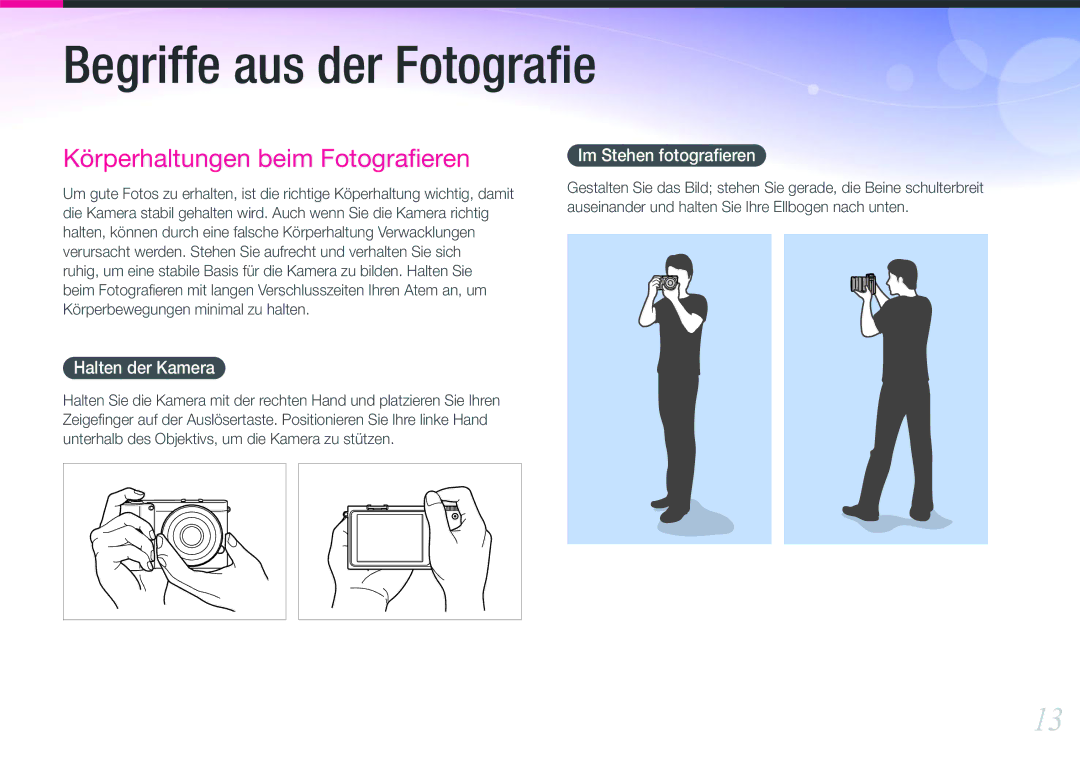 Samsung EV-NX1000BABNL, EV-NX1000BABDE, EV-NX1000BFWDE, EV-NX1000BDBDE manual Halten der Kamera, Im Stehen fotograﬁeren 