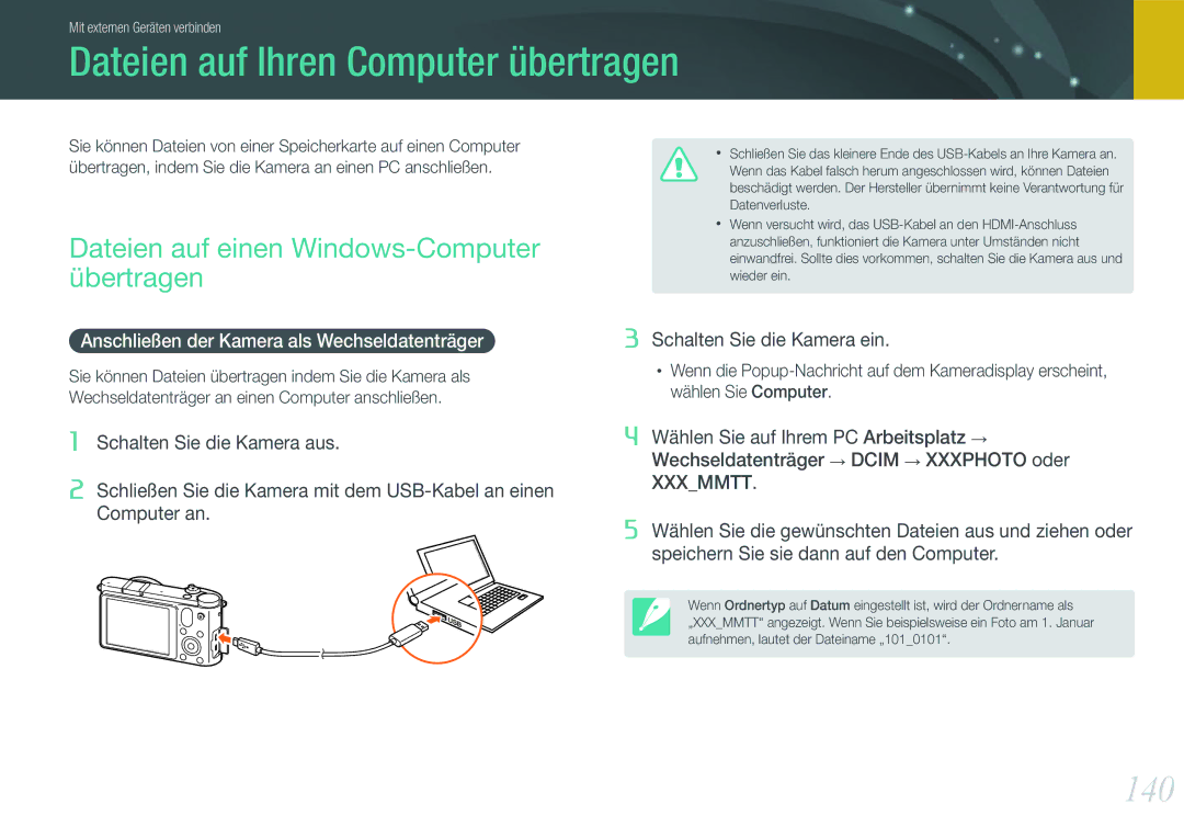 Samsung EV-NX1000BFWPL manual Dateien auf Ihren Computer übertragen, 140, Dateien auf einen Windows-Computer übertragen 