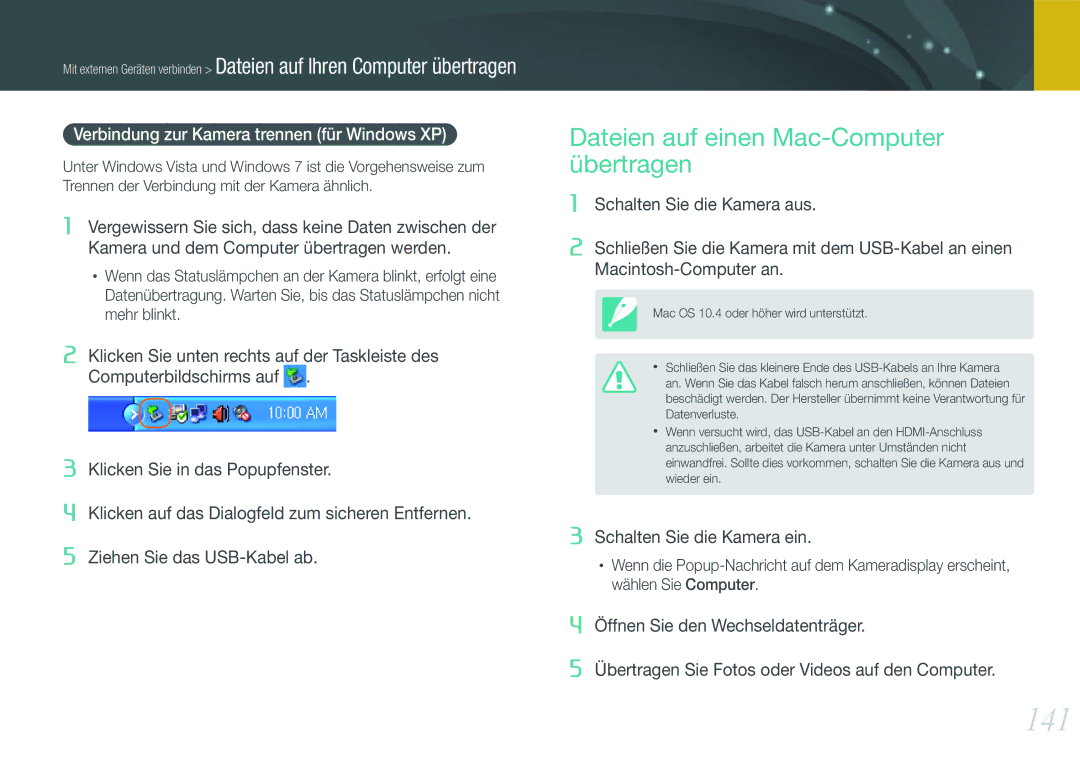 Samsung EV-NX1000BSBFR manual 141, Dateien auf einen Mac-Computer übertragen, Verbindung zur Kamera trennen für Windows XP 