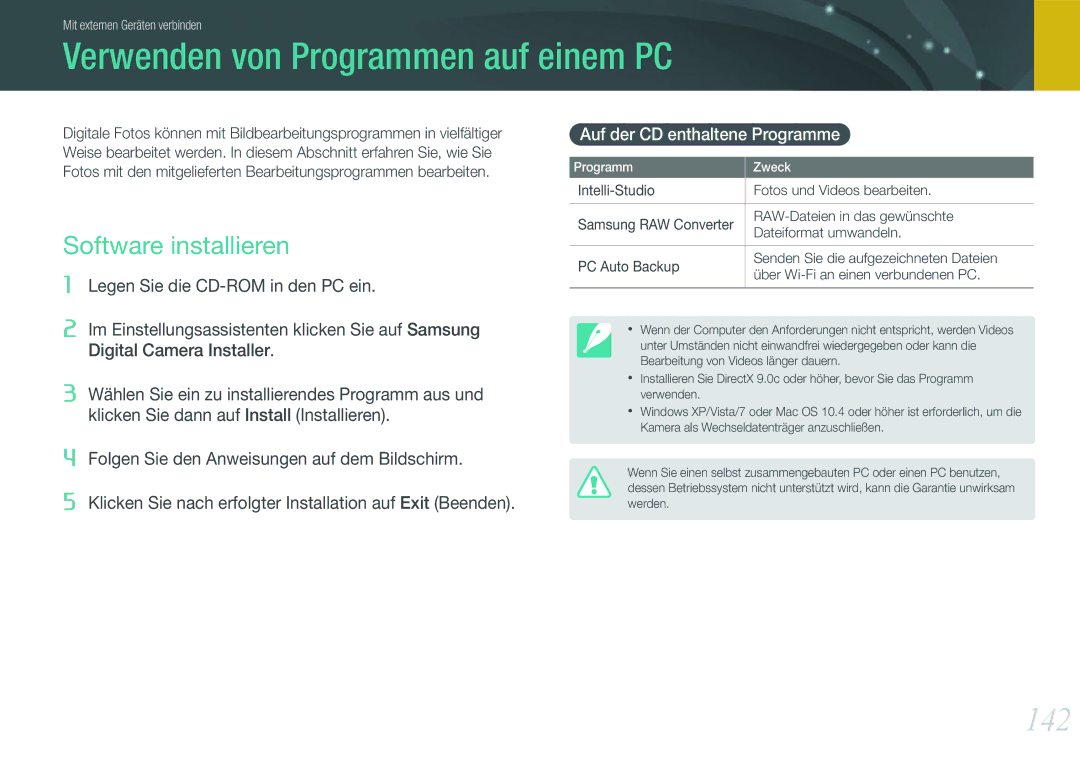 Samsung EV-NX1000BPWFR Verwenden von Programmen auf einem PC, 142, Software installieren, Auf der CD enthaltene Programme 