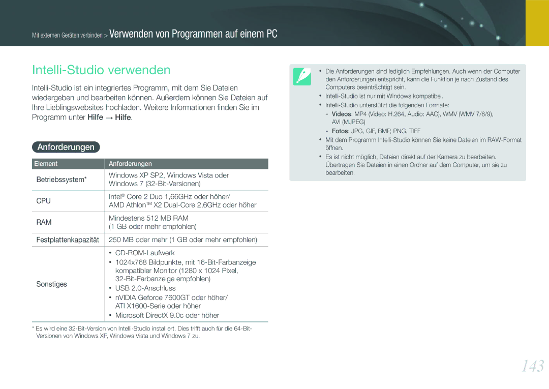 Samsung EV-NX1000BABDE, EV-NX1000BFWDE, EV-NX1000BABNL, EV-NX1000BDBDE manual 143, Intelli-Studio verwenden, Anforderungen 