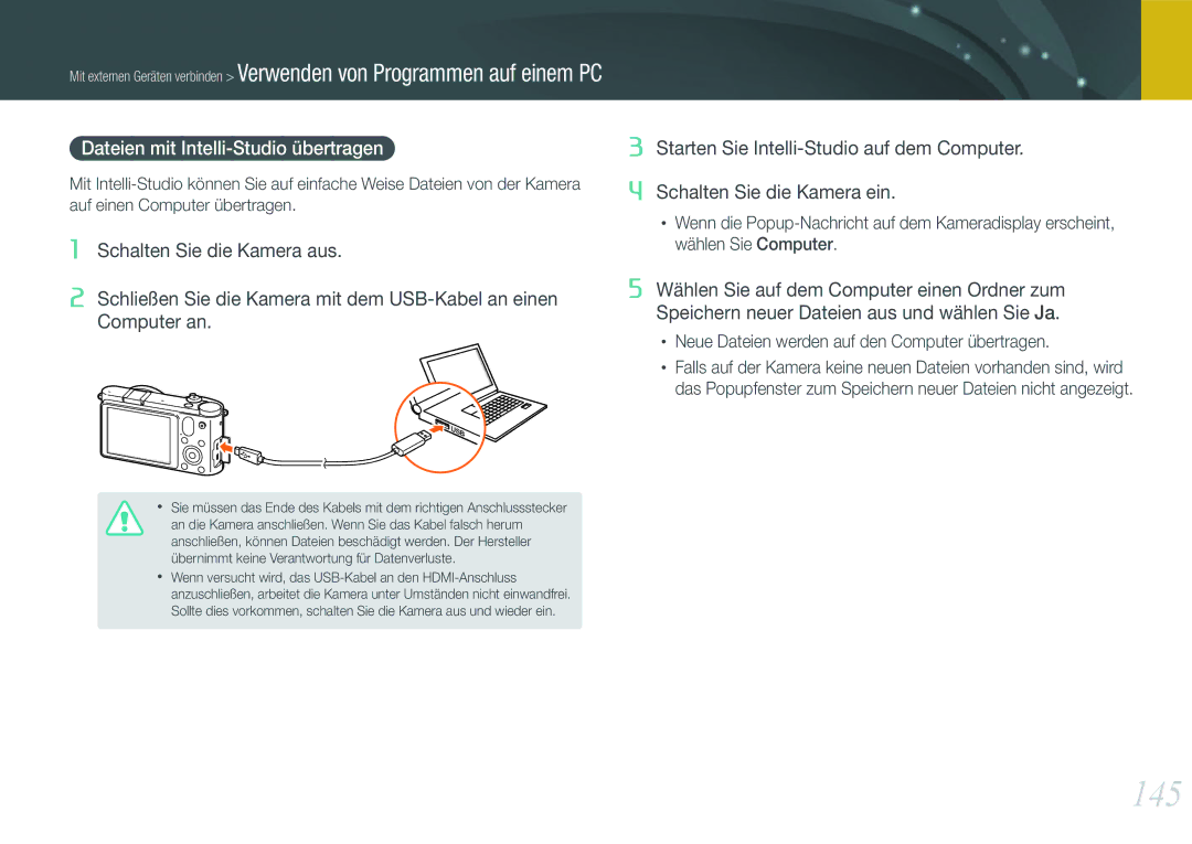 Samsung EV-NX1000BABNL, EV-NX1000BABDE, EV-NX1000BFWDE, EV-NX1000BDBDE manual 145, Dateien mit Intelli-Studio übertragen 