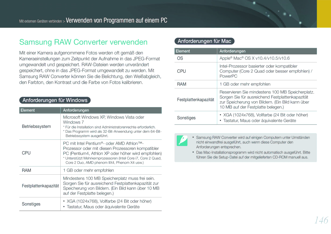 Samsung EV-NX1000BDBDE manual 146, Samsung RAW Converter verwenden, Anforderungen für Windows, Anforderungen für Mac 