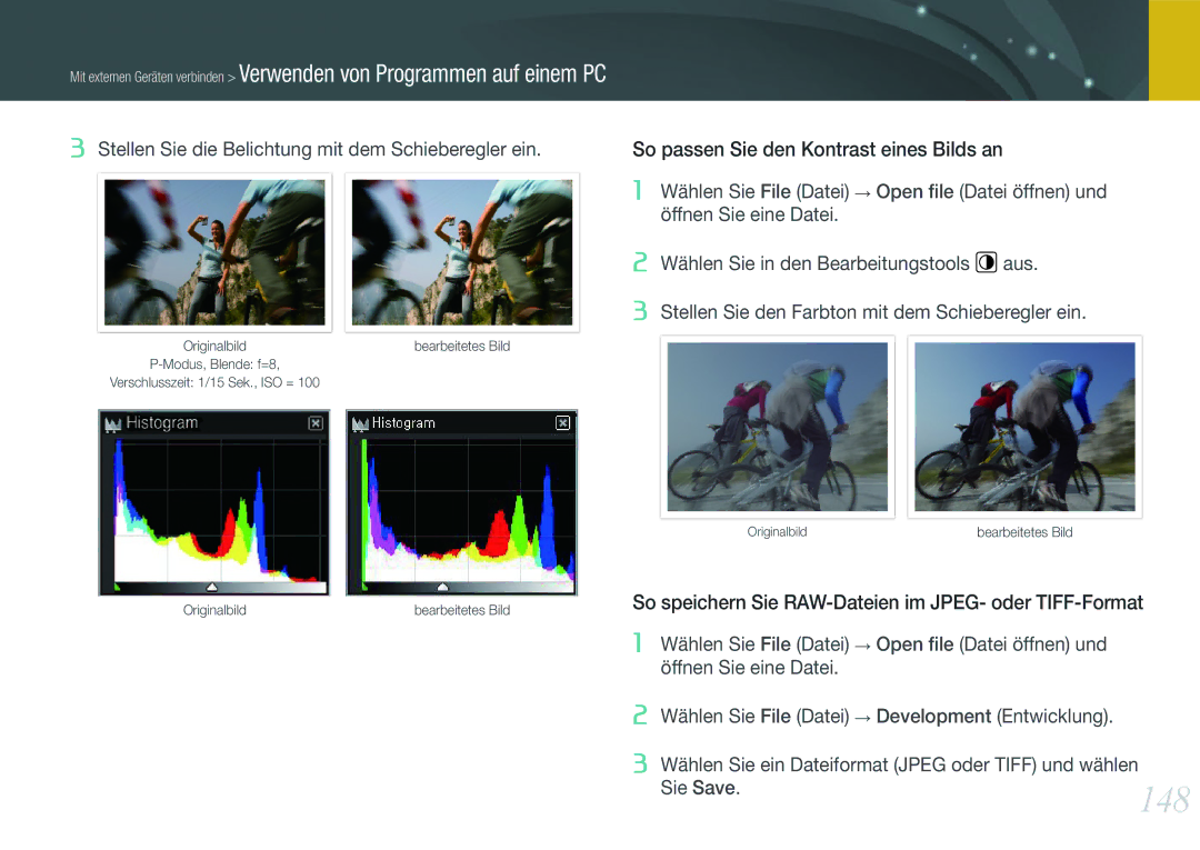 Samsung EV-NX1000BABPL, EV-NX1000BABDE, EV-NX1000BFWDE manual 148, So speichern Sie RAW-Dateien im JPEG- oder TIFF-Format 