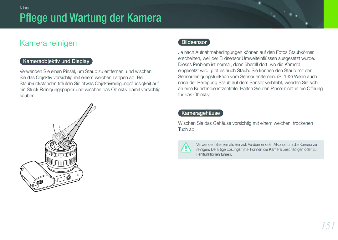 Samsung EV-NX1000BFWGR, EV-NX1000BABDE manual 151, Kamera reinigen, Kameraobjektiv und Display, Bildsensor, Kameragehäuse 